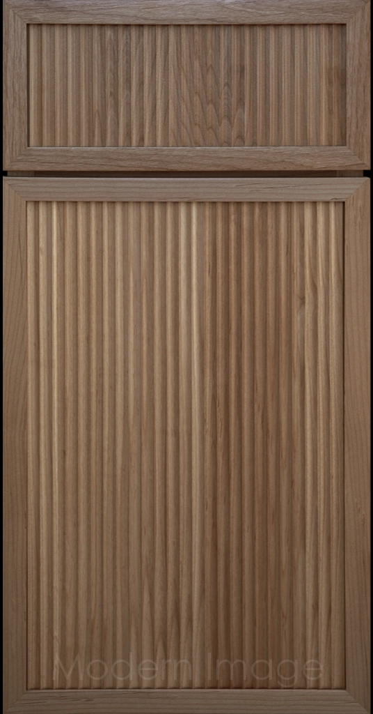 Modern kitchen featuring Arcadia Cove Fawn stained cabinets with narrow frames and fluted center panels